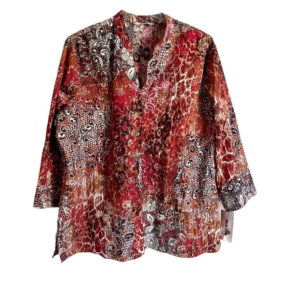 Alia Button Up 3/4 Sleeve Top Brown Red Floral Print Women's Size 16 NEW NWT